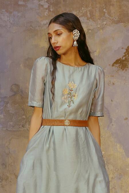 Buy Chokhi Chorri Blue Silk Chanderi Round Embroidered Dress Online at Aza Fashions Buy_Chokhi Chorri_Blue Silk Chanderi Round Embroidered Dress _Online_at_Aza_Fashions