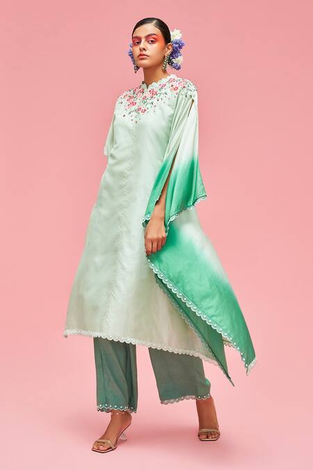 Nachiket Barve Green Kaftan Silk, Palazzo And Lining Shantoon Round Split Sleeve Tunic & Set Online at Aza Fashions Nachiket Barve_Green Kaftan Silk, Palazzo And Lining Shantoon Round Split Sleeve Tunic & Set _Online_at_Aza_Fashions