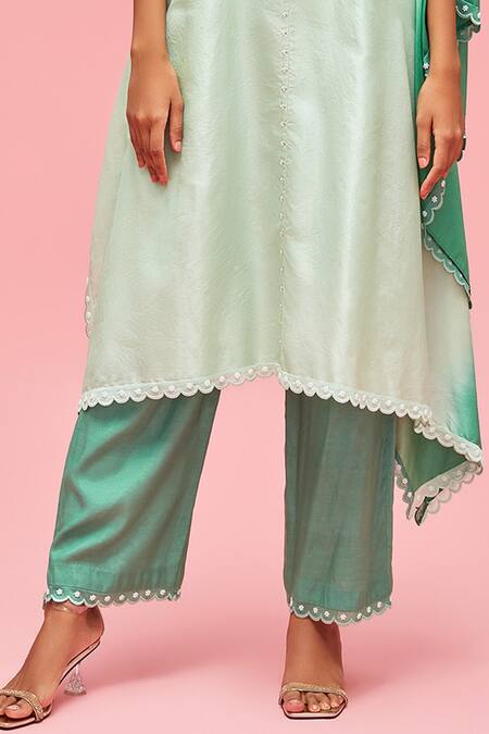 Shop Nachiket Barve Green Kaftan Silk, Palazzo And Lining Shantoon Round Split Sleeve Tunic & Set Online at Aza Fashions Shop_Nachiket Barve_Green Kaftan Silk, Palazzo And Lining Shantoon Round Split Sleeve Tunic & Set _Online_at_Aza_Fashions