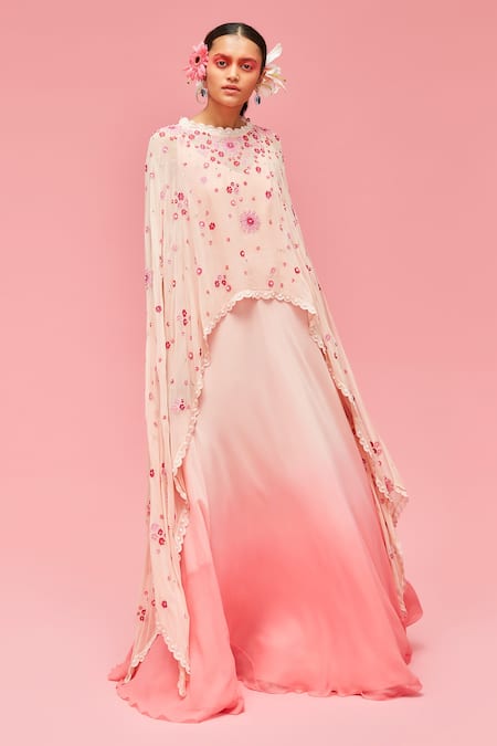 Nachiket Barve Peach Cape And Gown Georgette Round Ombre With Asymmetric  