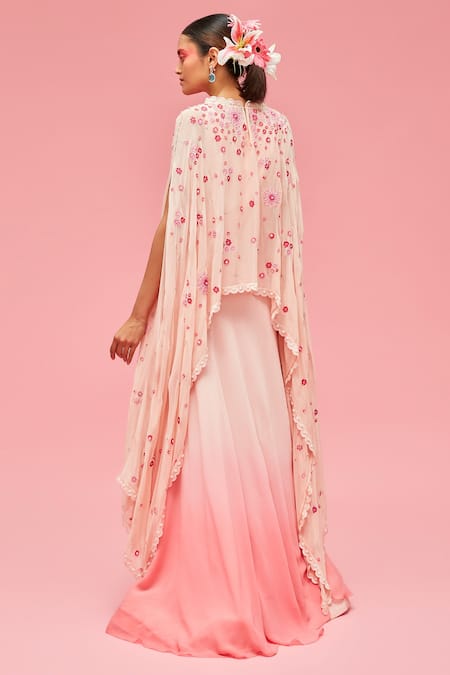Nachiket Barve Ombre Gown with Asymmetric Cape 