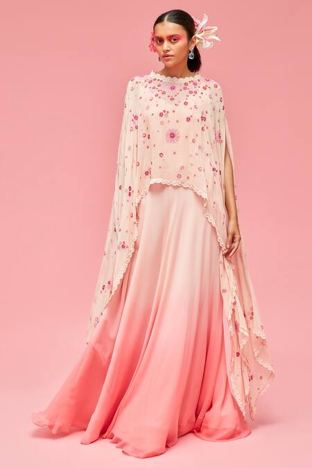 Nachiket Barve_Peach Cape And Gown Georgette, Lining Shantoon Round Ombre With Asymmetric _Online_at_Aza_Fashions