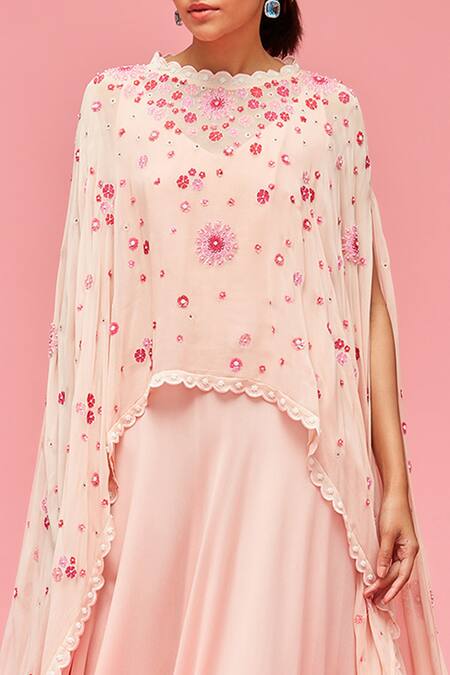 Shop_Nachiket Barve_Peach Cape And Gown Georgette, Lining Shantoon Round Ombre With Asymmetric _Online_at_Aza_Fashions