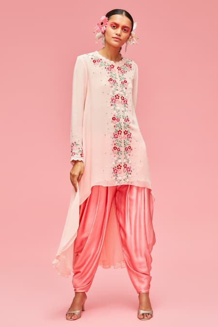 Nachiket Barve Peach Tunic Georgette Round Asymmetric And Dhoti Pant Set  