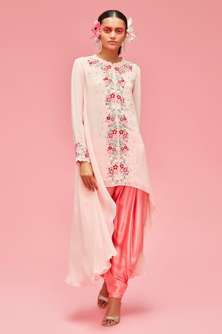 Nachiket Barve_Peach Dhoti Pant Satin, Lining Shantoon, Tunic Georgette Asymmetric And Set_Online_at_Aza_Fashions