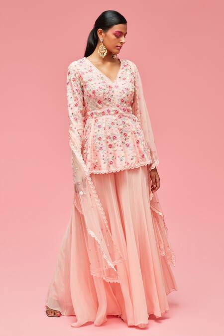 Nachiket Barve_Peach Dupatta Tulle, Lining Shantoon, Sharara Floral Embroidered Set_Online_at_Aza_Fashions