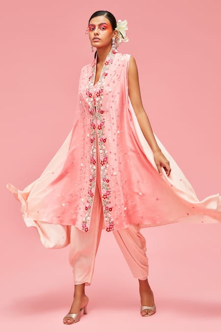 Nachiket Barve Peach Bustier Chanderi, Cape Jacket Chiffon, Dhoti Pant Asymmetric And Set Online at Aza Fashions Nachiket Barve_Peach Bustier Chanderi, Cape Jacket Chiffon, Dhoti Pant Asymmetric And Set_Online_at_Aza_Fashions