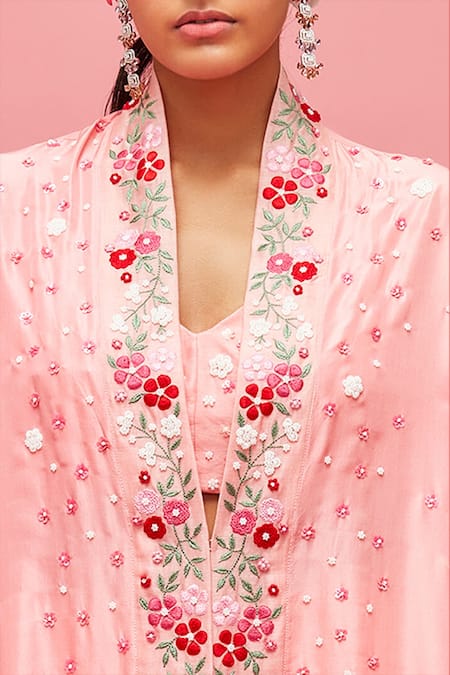 Buy Nachiket Barve Peach Bustier Chanderi, Cape Jacket Chiffon, Dhoti Pant Asymmetric And Set Online at Aza Fashions Buy_Nachiket Barve_Peach Bustier Chanderi, Cape Jacket Chiffon, Dhoti Pant Asymmetric And Set_Online_at_Aza_Fashions