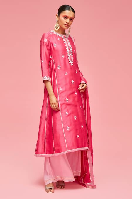 Nachiket Barve_Pink Dupatta Tulle, Kurta Chanderi, Palazzo And Lining Mirror Embroidered Set_Online_at_Aza_Fashions