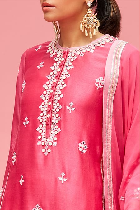 Buy_Nachiket Barve_Pink Dupatta Tulle, Kurta Chanderi, Palazzo And Lining Mirror Embroidered Set_Online_at_Aza_Fashions