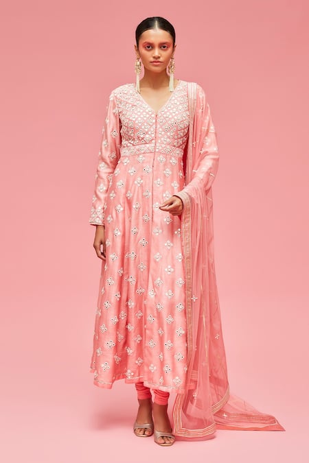 Buy Nachiket Barve Peach Anarkali Chanderi, Dupatta Tulle, Lining Mirror Embroidered Set at Aza Fashions Buy_Nachiket Barve_Peach Anarkali Chanderi, Dupatta Tulle, Lining Mirror Embroidered Set_at_Aza_Fashions