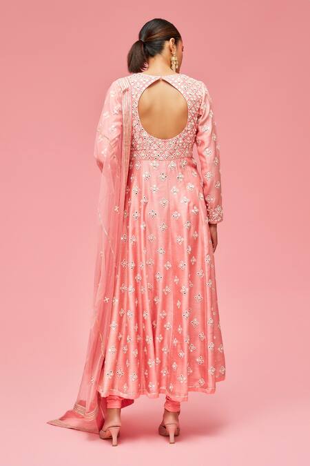 Shop Nachiket Barve Peach Anarkali Chanderi, Dupatta Tulle, Lining Mirror Embroidered Set at Aza Fashions Shop_Nachiket Barve_Peach Anarkali Chanderi, Dupatta Tulle, Lining Mirror Embroidered Set_at_Aza_Fashions