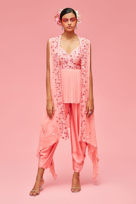 Nachiket Barve_Peach Cape Georgette, Dhoti Pant Satin, Lining Shantoon, Embroidered And Set_Online_at_Aza_Fashions
