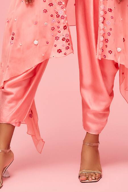 Shop_Nachiket Barve_Peach Cape Georgette, Dhoti Pant Satin, Lining Shantoon, Embroidered And Set_Online_at_Aza_Fashions