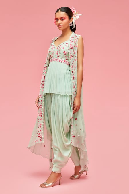 Shop Nachiket Barve Blue Cape Georgette, Dhoti Pant Satin, Lining Shantoon, Embroidered And Set at Aza Fashions Shop_Nachiket Barve_Blue Cape Georgette, Dhoti Pant Satin, Lining Shantoon, Embroidered And Set_at_Aza_Fashions