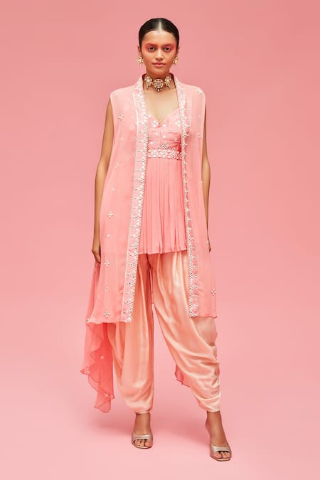 Nachiket Barve_Peach Cape Georgette, Dhoti Pant Satin, Lining Shantoon, Embroidered And Set_Online_at_Aza_Fashions