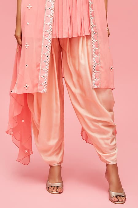 Shop_Nachiket Barve_Peach Cape Georgette, Dhoti Pant Satin, Lining Shantoon, Embroidered And Set_Online_at_Aza_Fashions