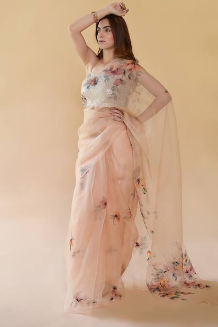 Fallon.Studio By Shruti Kaushik_Brown Imported Pure Silk Organza Magnolia Flowers The Padmini Hand Painted Saree_Online_at_Aza_Fashions