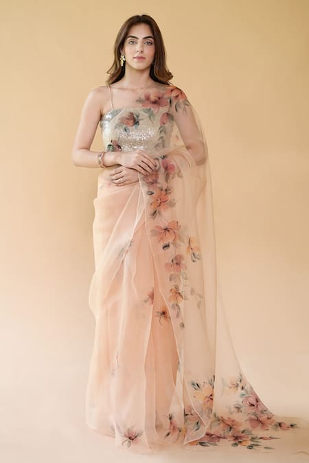 Buy_Fallon.Studio By Shruti Kaushik_Brown Imported Pure Silk Organza Magnolia Flowers The Padmini Hand Painted Saree_Online_at_Aza_Fashions