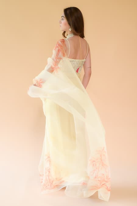 Shop_Fallon.Studio by Shruti Kaushik_Yellow Imported Pure Silk Organza Hand Painted Honeysuckle The Meera Saree _at_Aza_Fashions