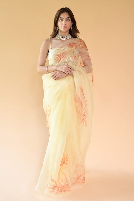 Fallon.Studio by Shruti Kaushik_Yellow Imported Pure Silk Organza Hand Painted Honeysuckle The Meera Saree _Online_at_Aza_Fashions
