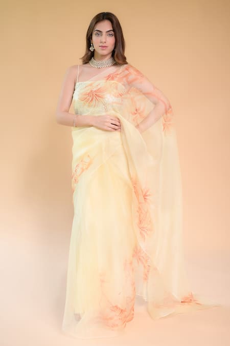 Buy_Fallon.Studio by Shruti Kaushik_Yellow Imported Pure Silk Organza Hand Painted Honeysuckle The Meera Saree _Online_at_Aza_Fashions