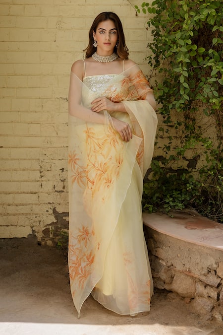 Shop_Fallon.Studio by Shruti Kaushik_Yellow Imported Pure Silk Organza Hand Painted Honeysuckle The Meera Saree _Online_at_Aza_Fashions