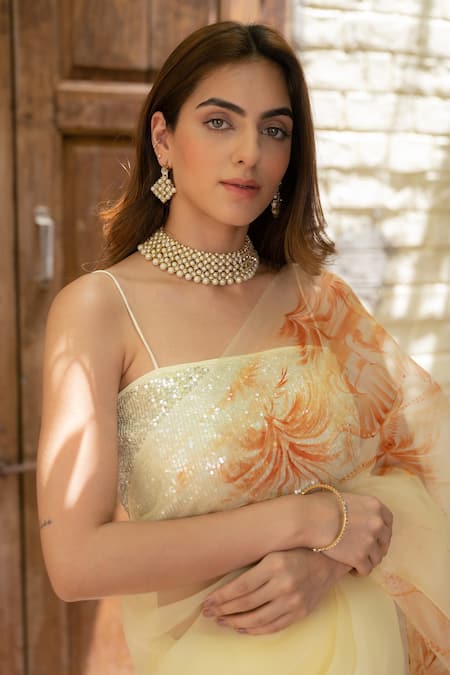 Fallon.Studio by Shruti Kaushik_Yellow Imported Pure Silk Organza Hand Painted Honeysuckle The Meera Saree _at_Aza_Fashions