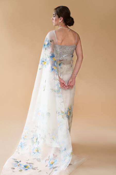 Shop_Fallon.Studio By Shruti Kaushik_Off White Imported Pure Silk Organza Hand Painted The Kashi Saree  _at_Aza_Fashions