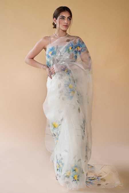 Fallon.Studio By Shruti Kaushik_Off White Imported Pure Silk Organza Hand Painted The Kashi Saree  _Online_at_Aza_Fashions