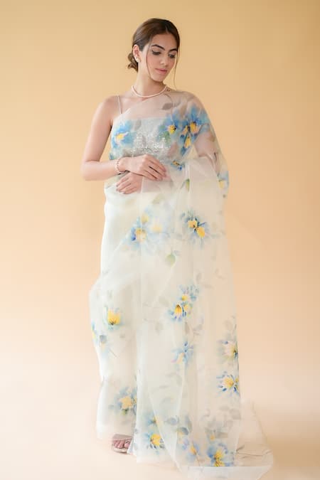Buy_Fallon.Studio By Shruti Kaushik_Off White Imported Pure Silk Organza Hand Painted The Kashi Saree  _Online_at_Aza_Fashions