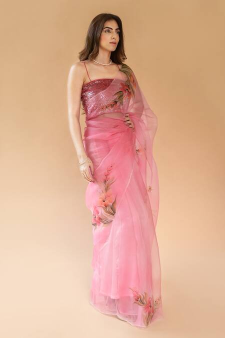 Fallon.Studio By Shruti Kaushik_Pink Imported Pure Silk Organza Hand Painted The Razia Saree  _Online_at_Aza_Fashions