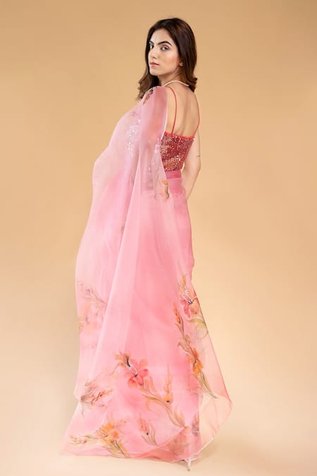Buy_Fallon.Studio By Shruti Kaushik_Pink Imported Pure Silk Organza Hand Painted The Razia Saree  _Online_at_Aza_Fashions