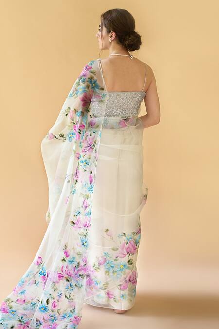 Shop_Fallon.Studio By Shruti Kaushik_Off White Imported Pure Silk Organza Hand Painted The Zaina Saree  _at_Aza_Fashions