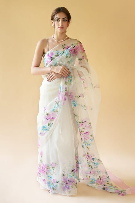Buy_Fallon.Studio By Shruti Kaushik_Off White Imported Pure Silk Organza Hand Painted The Zaina Saree  _Online_at_Aza_Fashions