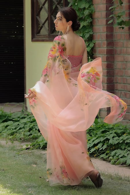 Shop_Fallon.Studio By Shruti Kaushik_Pink Imported Pure Silk Organza Hand Painted Gardenia The Rukmani Saree _at_Aza_Fashions