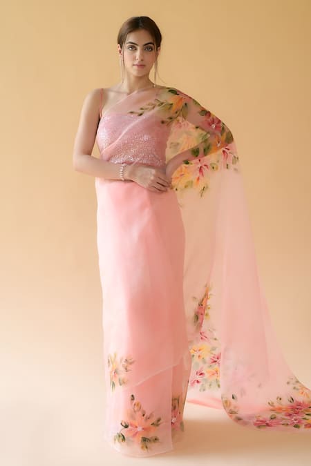 Fallon.Studio By Shruti Kaushik_Pink Imported Pure Silk Organza Hand Painted Gardenia The Rukmani Saree _Online_at_Aza_Fashions