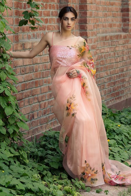 Shop_Fallon.Studio By Shruti Kaushik_Pink Imported Pure Silk Organza Hand Painted Gardenia The Rukmani Saree _Online_at_Aza_Fashions