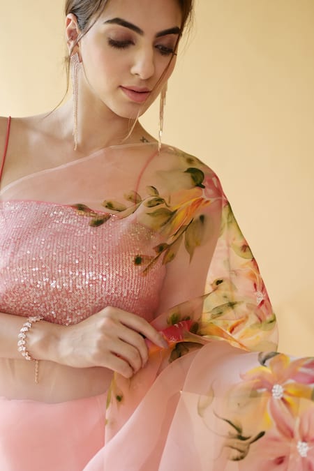 Fallon.Studio By Shruti Kaushik_Pink Imported Pure Silk Organza Hand Painted Gardenia The Rukmani Saree _at_Aza_Fashions