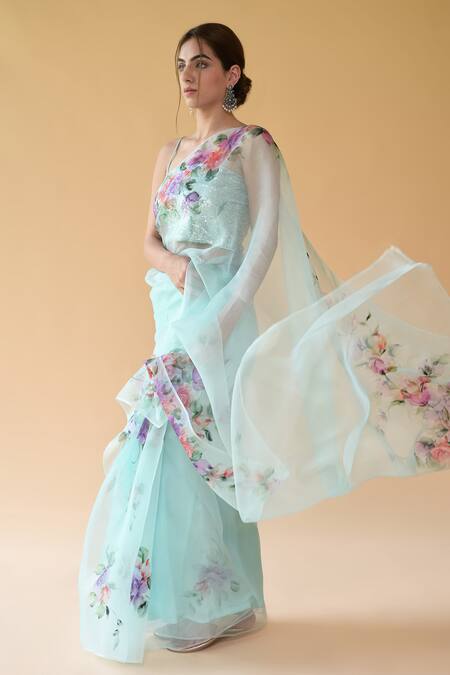 Buy_Fallon.Studio By Shruti Kaushik_Blue Imported Pure Silk Organza Rose Flowers The Umade Hand Painted Saree_Online_at_Aza_Fashions