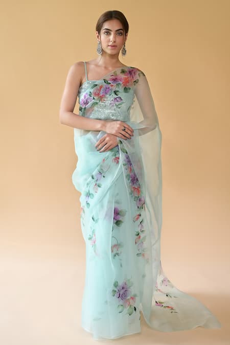Fallon.Studio By Shruti Kaushik_Blue Imported Pure Silk Organza Rose Flowers The Umade Hand Painted Saree_Online_at_Aza_Fashions