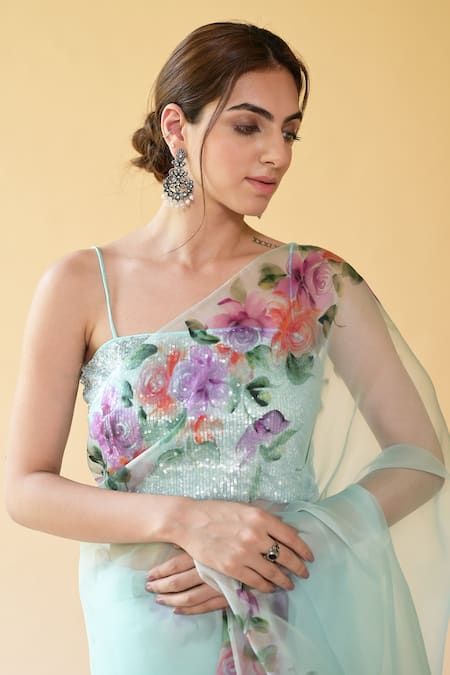 Fallon.Studio By Shruti Kaushik_Blue Imported Pure Silk Organza Rose Flowers The Umade Hand Painted Saree_at_Aza_Fashions