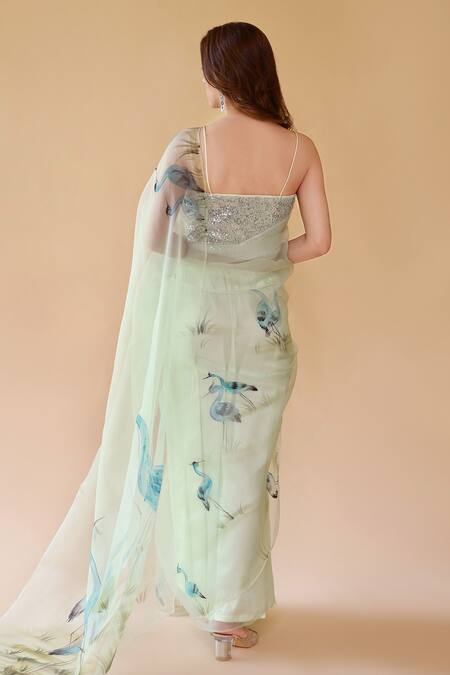 Shop Fallon.Studio By Shruti Kaushik Green Imported Pure Silk Organza Flamingos The Esra Hand Painted Saree at Aza Fashions Shop_Fallon.Studio By Shruti Kaushik_Green Imported Pure Silk Organza Flamingos The Esra Hand Painted Saree_at_Aza_Fashions