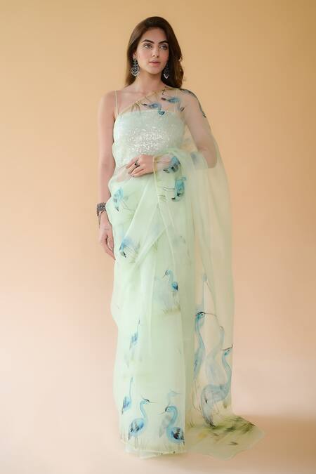 Buy Fallon.Studio By Shruti Kaushik Green Imported Pure Silk Organza Flamingos The Esra Hand Painted Saree Online at Aza Fashions Buy_Fallon.Studio By Shruti Kaushik_Green Imported Pure Silk Organza Flamingos The Esra Hand Painted Saree_Online_at_Aza_Fashions