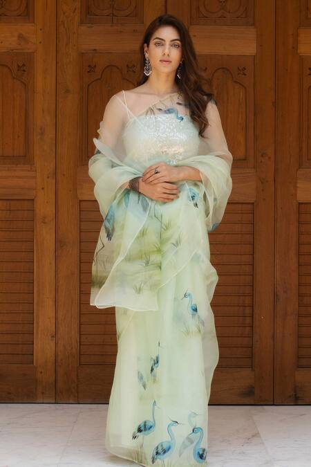 Shop Fallon.Studio By Shruti Kaushik Green Imported Pure Silk Organza Flamingos The Esra Hand Painted Saree Online at Aza Fashions Shop_Fallon.Studio By Shruti Kaushik_Green Imported Pure Silk Organza Flamingos The Esra Hand Painted Saree_Online_at_Aza_Fashions