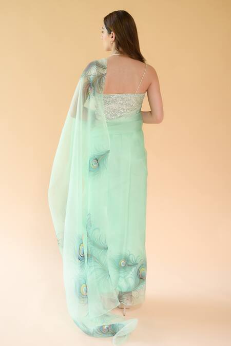 Shop_Fallon.Studio By Shruti Kaushik_Blue Imported Pure Silk Organza Hand Painted The Soraya Saree  _at_Aza_Fashions