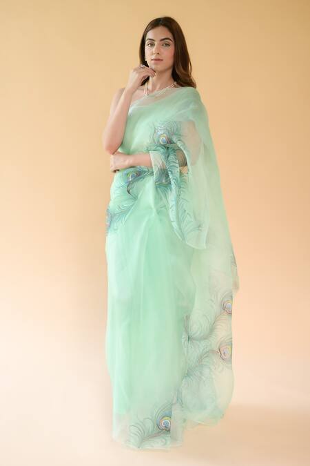 Fallon.Studio By Shruti Kaushik_Blue Imported Pure Silk Organza Hand Painted The Soraya Saree  _Online_at_Aza_Fashions