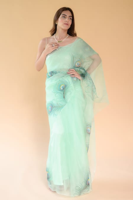 Buy_Fallon.Studio By Shruti Kaushik_Blue Imported Pure Silk Organza Hand Painted The Soraya Saree  _Online_at_Aza_Fashions