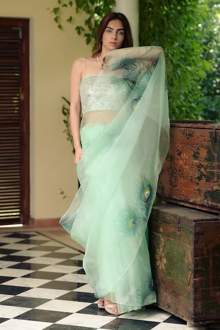 Shop_Fallon.Studio By Shruti Kaushik_Blue Imported Pure Silk Organza Hand Painted The Soraya Saree  _Online_at_Aza_Fashions
