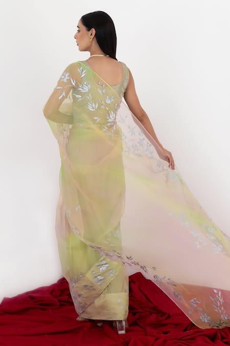 Shop_Fallon.Studio By Shruti Kaushik_Green Imported Pure Silk Organza Hand Painted The Pakhi Saree  _at_Aza_Fashions